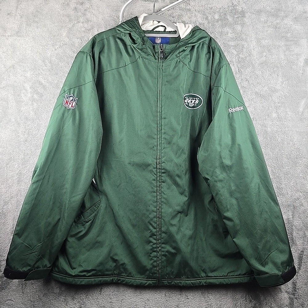 New York Jets Jacket Mens 2XL Green NFL Football Reebok Fleece Lined Hooded Zip‎